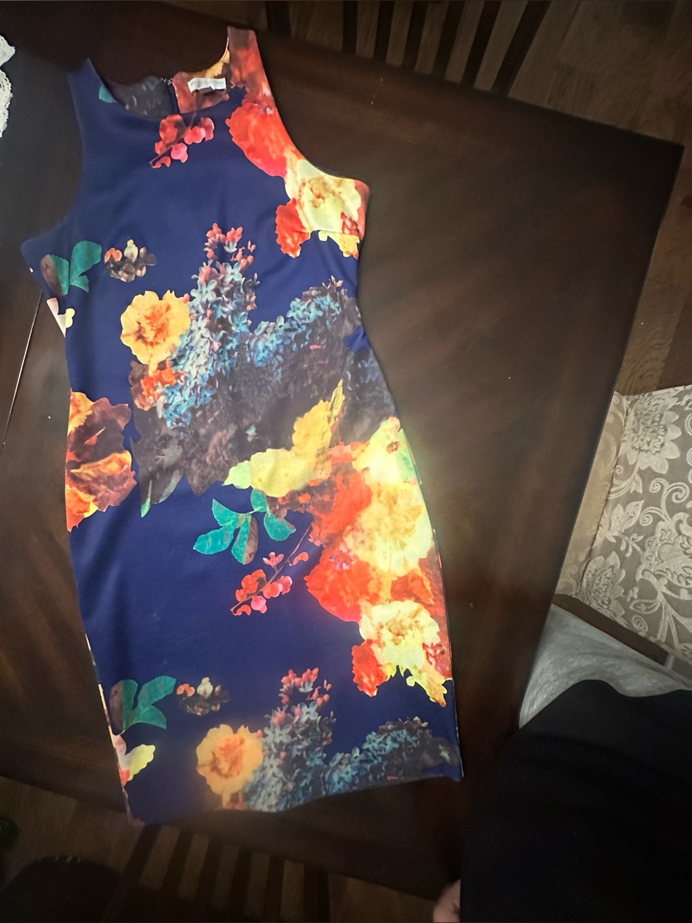 New York & Company Navy Floral Midi Sheath Dress with Multicolor Blooms